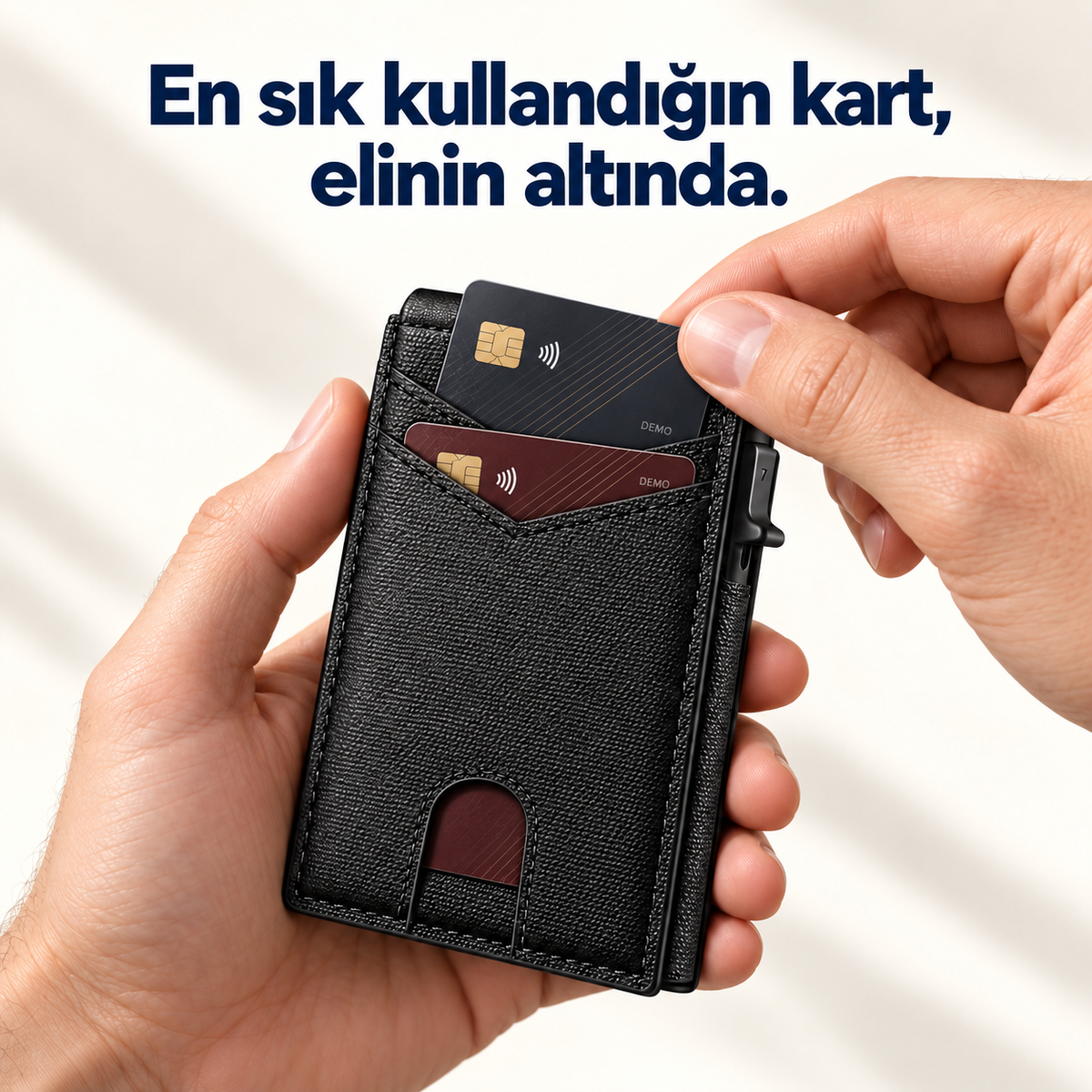 Siyah cüzdanın dış cebinden tasarımlı örnek kart çıkarma