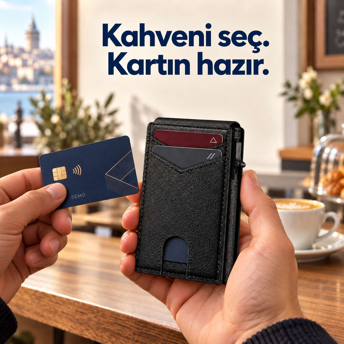 Kafede siyah kartlık cüzdan ve aynı perspektifte yatay tutulan çipli temsili kart