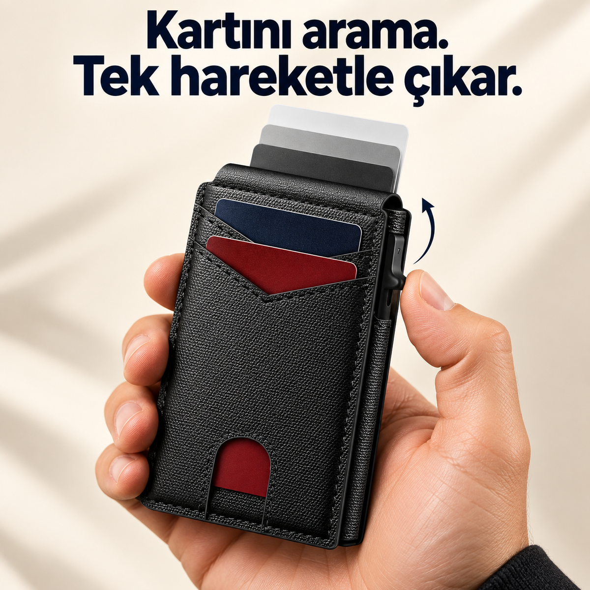 Kartını arama. Tek hareketle çıkar. Yan mekanizmayı kullanan el ve kademeli çıkan kartlar