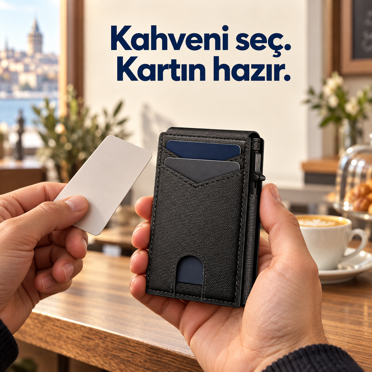 Kahveni seç. Kartın hazır. Kafede siyah kartlık cüzdan kullanımı