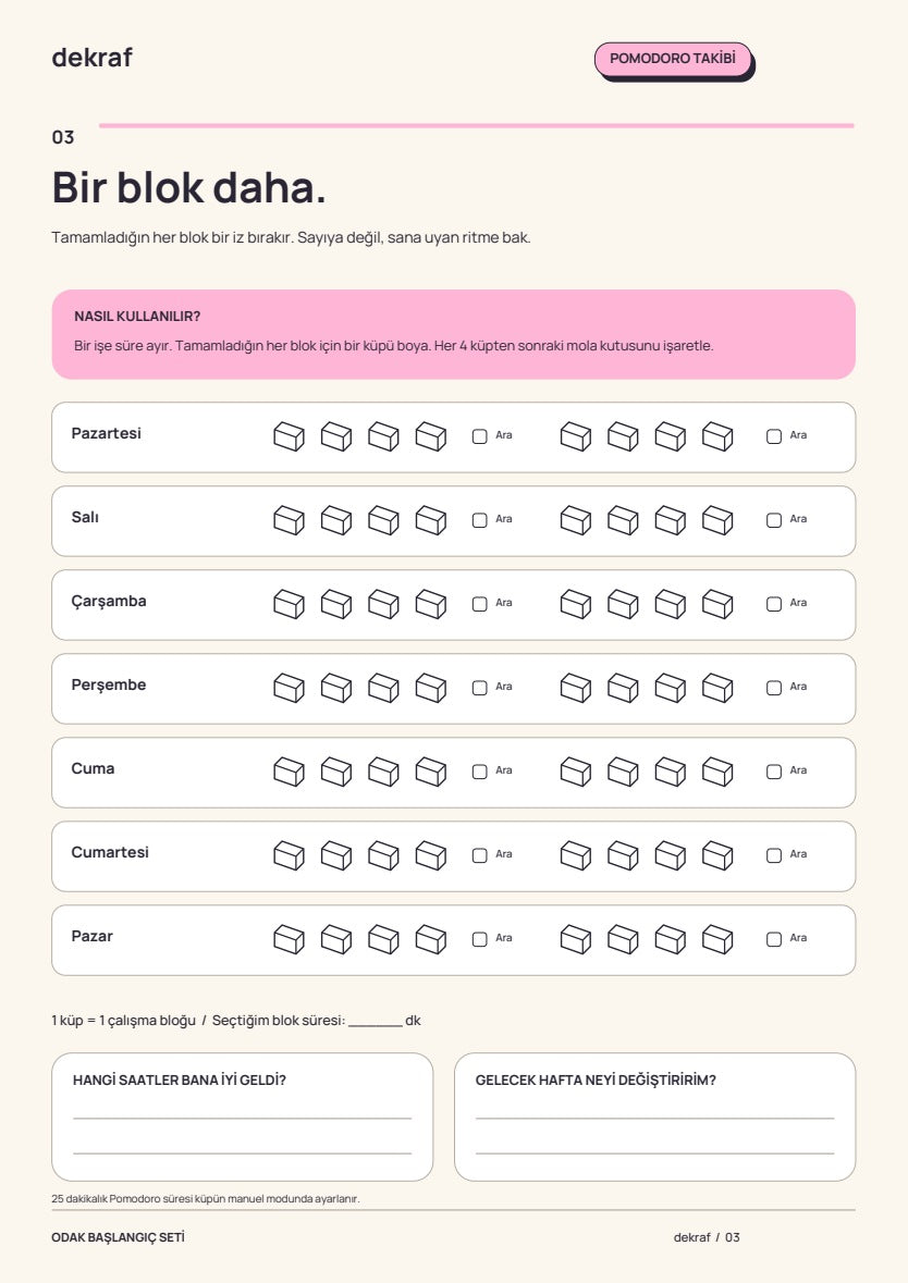 Pomodoro takip çizelgesi