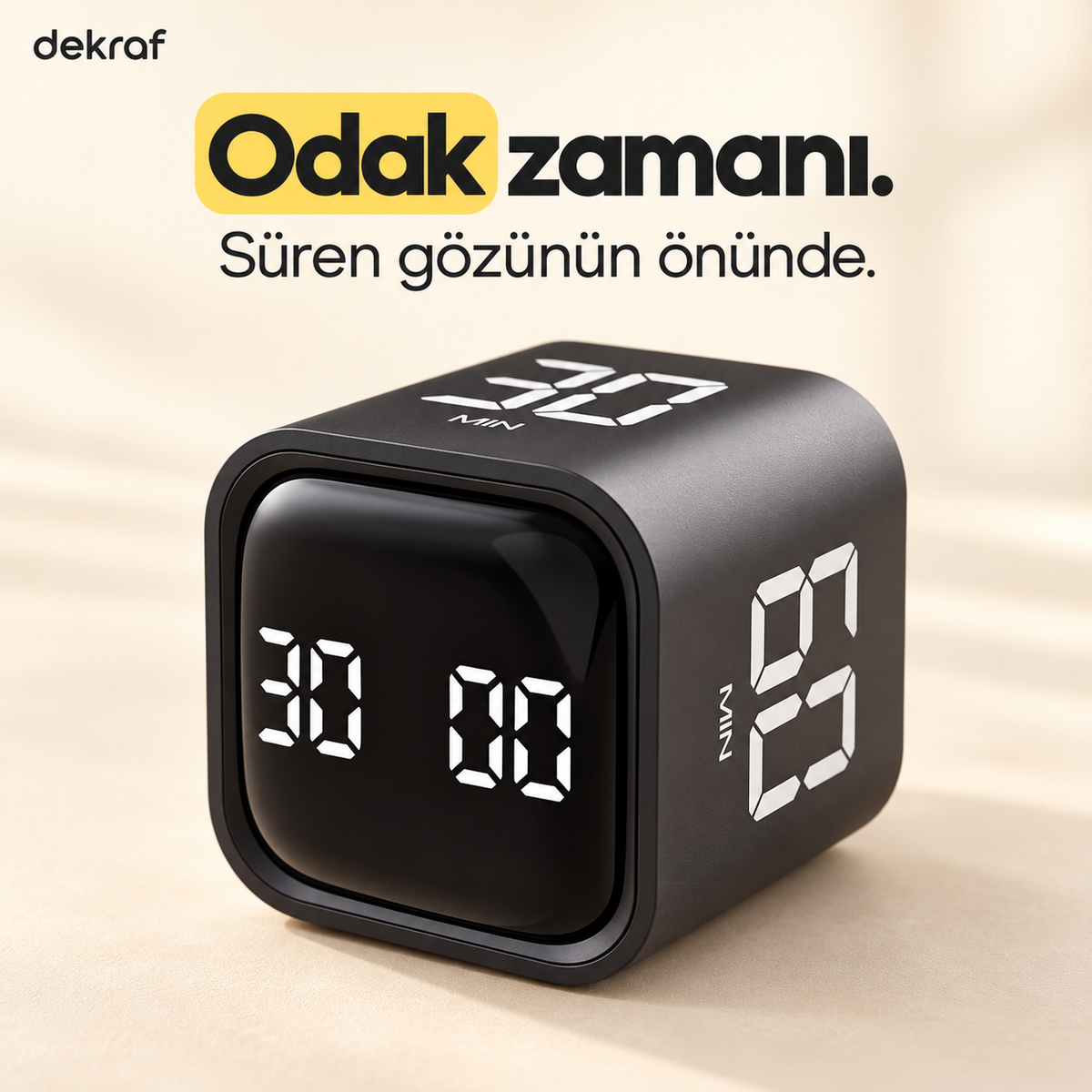 Dekraf siyah Pomodoro küpü — odak zamanı, ürün görünümü