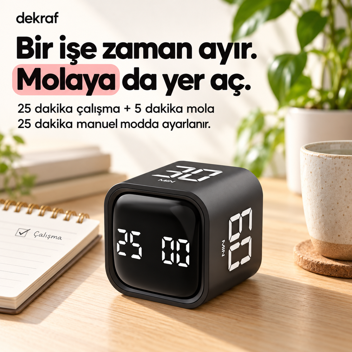 Manuel ayarlanan 25 dakika çalışma ve 5 dakika mola düzeni