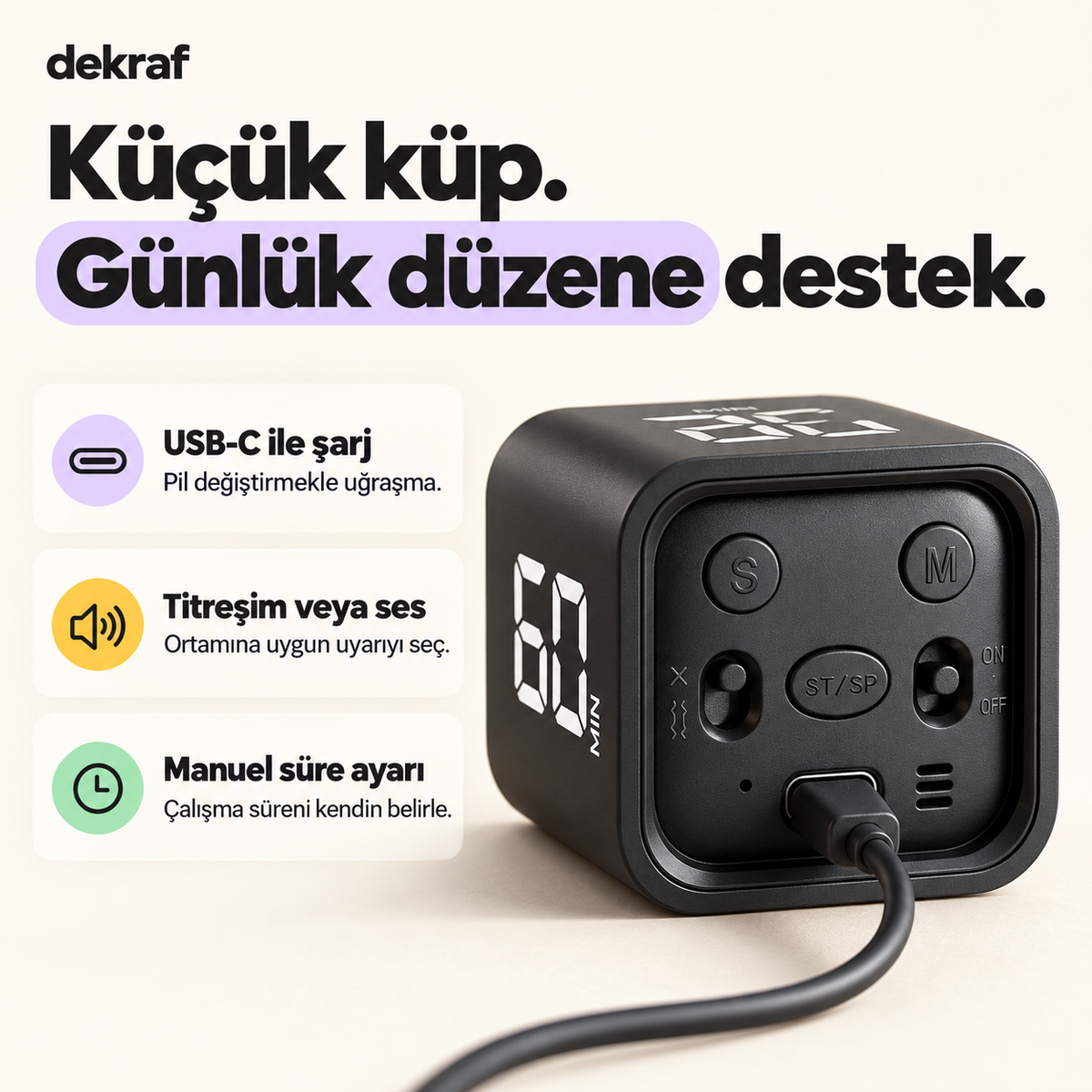 Pomodoro küpünün USB-C şarj, titreşim veya ses ve manuel süre ayarı özellikleri